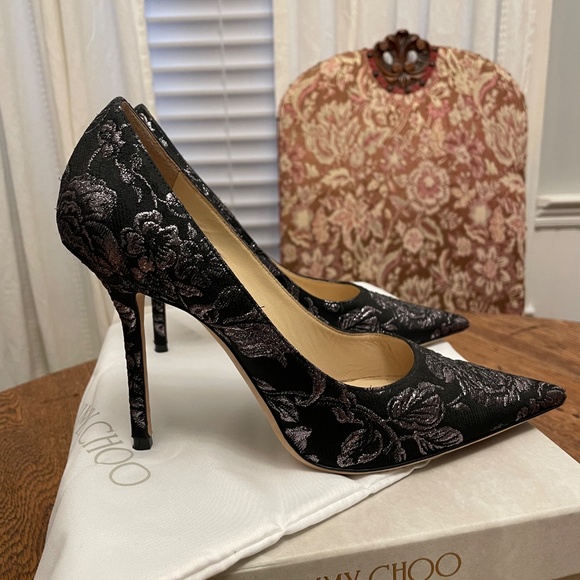 Worn once - Jimmy Choo Love 100 mm Heels Brocade in Black/Steel- Size 38 - Picture 4 of 10